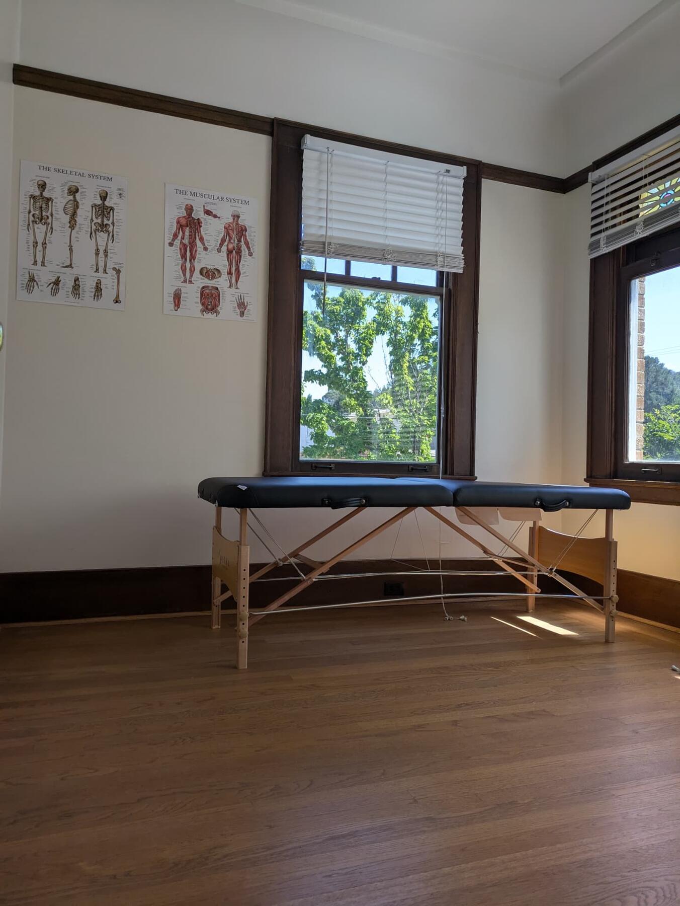 A private treatment room at Silver Strides with a padded therapy table beside a sunlit window and anatomy charts on the wall.